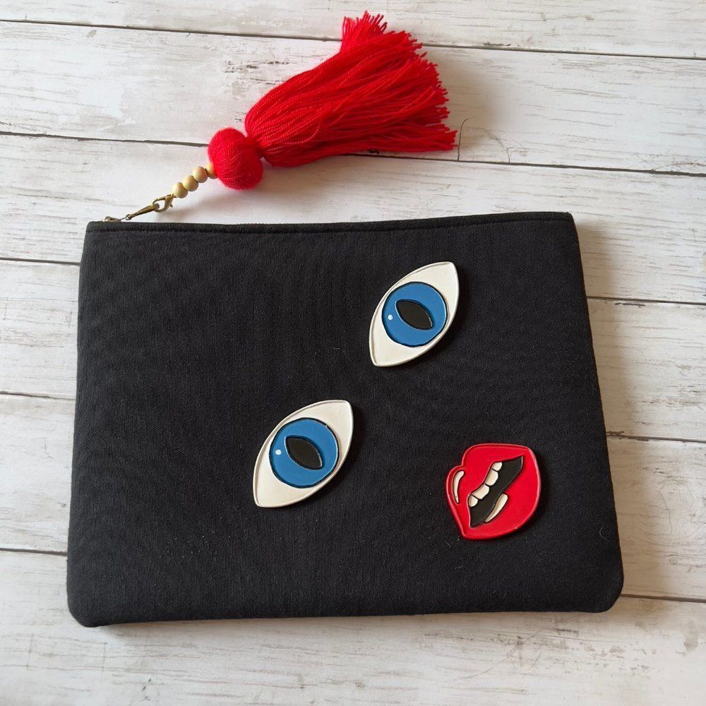 3on3 Handmade‎ Black Large Clutch Women Face Eyes Lip Polymer Clay Figurin